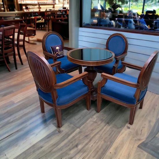 Wooden Twist Winsome Round Teak Wood 4 Seater Dining Table Set-Blue