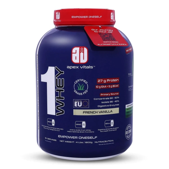 Apex Vitals 1 Whey - Grass-Fed Whey | 27g Protein, 10g EAA + 5g BCAA | Concentrate 80-60%, Isolate 86-40%, Digestive Enzymes | FDA, EFSA & FSSAI Certified|French Vanilla - 4lbs