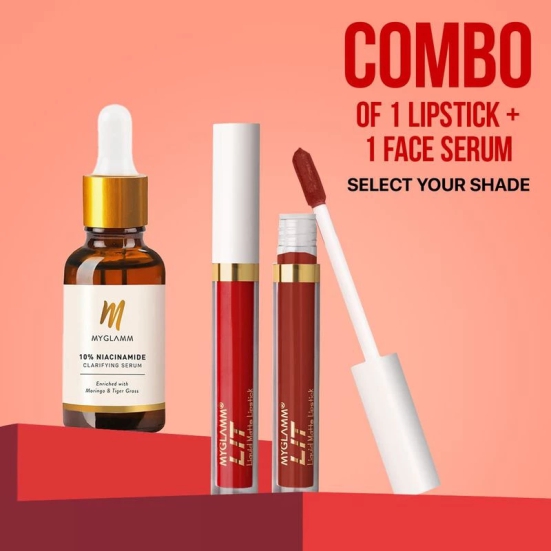 MyGlamm Exclusive Combo of LIT Liquid Matte Lipstick + MyGlamm 10% Niacinamide Clarifying Serum | Transfer Proof Lipstick & Face Serum Enriched With Moringa