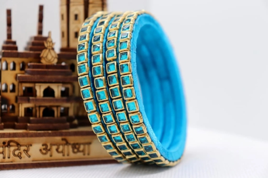 Blue Glass Bangle Set with Gold Accents