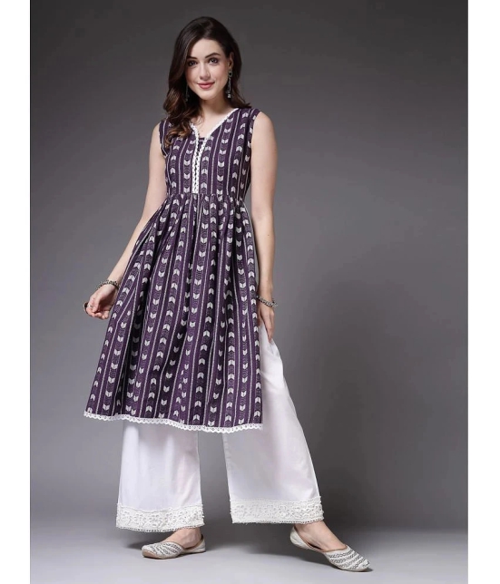 Stylum Cotton Blend Printed A-Line Womens Kurti - Purple ( Pack of 1 ) - None