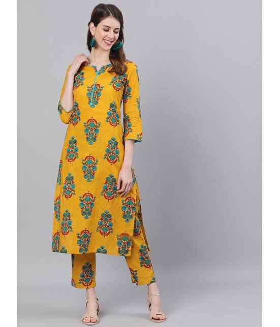 Antaran Cotton Printed Kurti With Pants Womens Stitched Salwar Suit - Yellow ( Pack of 1 ) - None