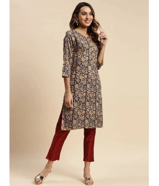 Rangita Women 100% Rayon Navy Floral Printed Knee Length Straight Kurti - None