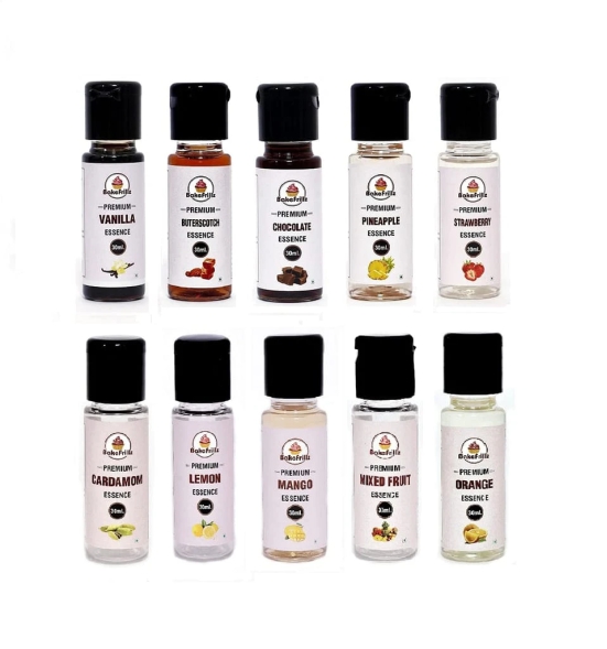 Bakefrillz Food Flavour Essence | Pack of 10 (30 ml x 10) - Vanilla, Strawberry, Butterscotch, Pineapple, Chocolate, Mango, Mix Fruit, Cardamom, Lemon & Orange