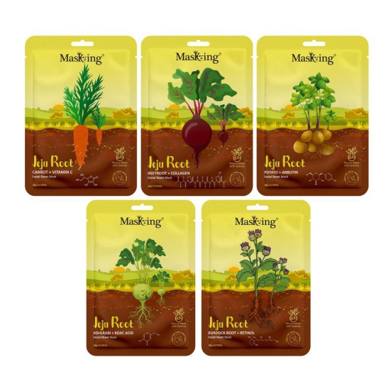 Masking Jeju Root face sheet mask for skin hydrating & Glowing, for women & men, pack of 5