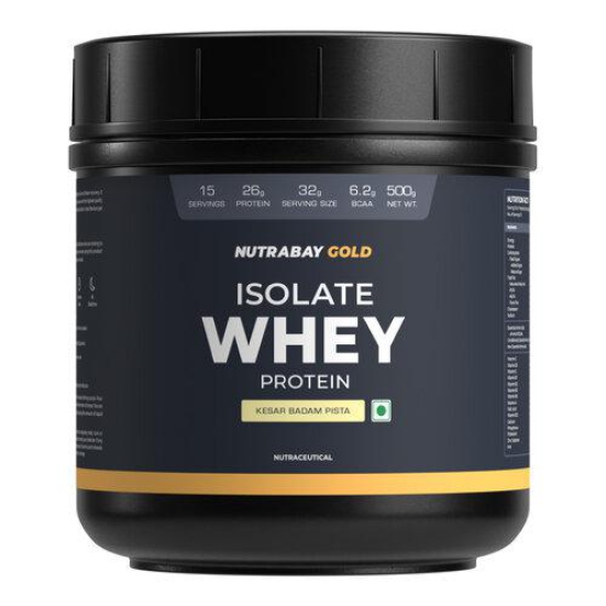 Nutrabay Gold Whey Protein Isolate Powder - 500g, Kesar Badam Pista | 26g Protein, 6.2g BCAA | Easy to Digest | NABL Lab Tested | Muscle Growth & Recovery | Rich in Glutamic Acid | For Men & Women