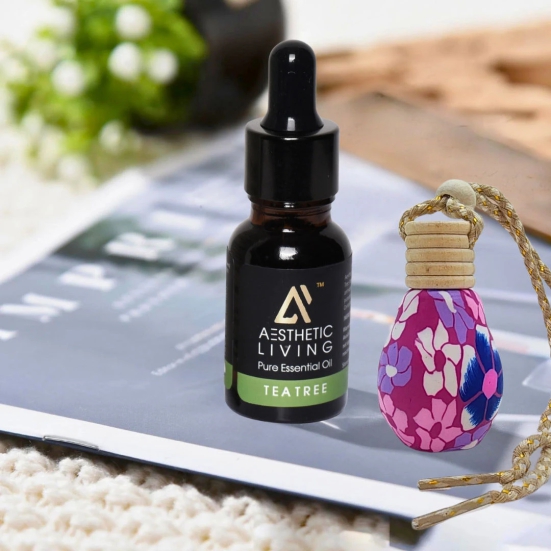 Aesthetic Living Car Aromatizer/ Diffuser Bottle with Essential Oil (Gourd Shape-15 ml+ Tea Tree Essential Oil, 15 ml)