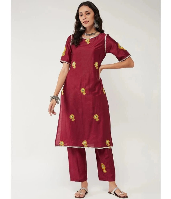 Pannkh Viscose Embroidered Straight Womens Kurti - Maroon ( Pack of 1 ) - None