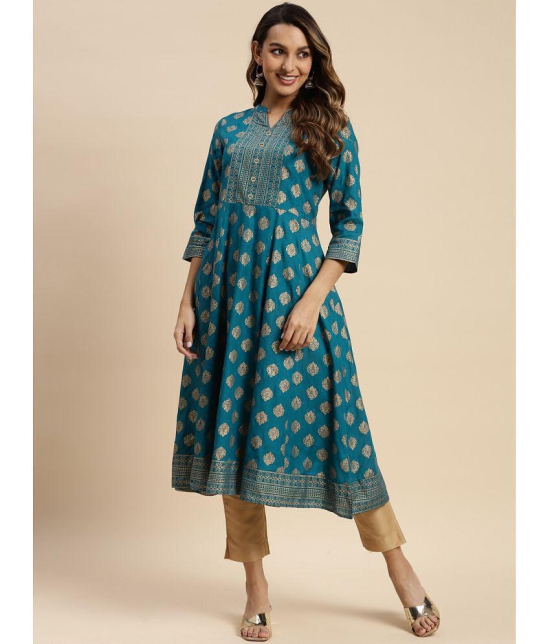 Rangita Women Rayon Teal Gold Printed Calf Length Flared Kurti - None