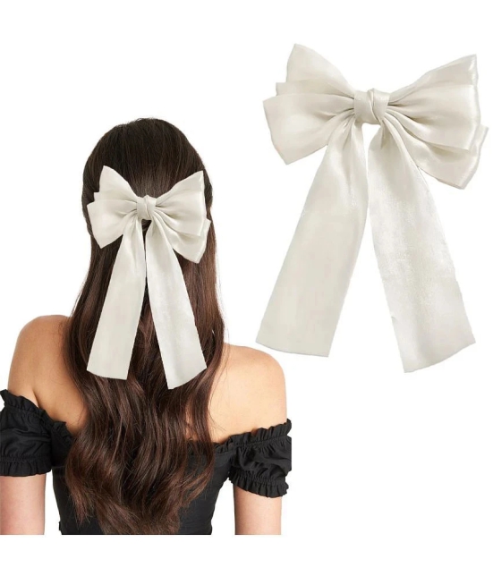 LYKAA Big Satin Layered Hair Bows Long Tail Ribbon Barrettes Clip for Women - Pack of 1 (White) - White