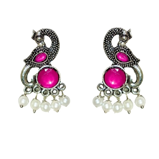 Earrings For Women Oxidised Silver Peacock Shape Jhumki Earrings For Girls And Women - Light Pink