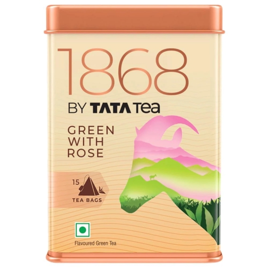 1868 by Tata Tea Green with Rose Tea Bags, Green Tea Leaves and Rose Petals, Green Tea Rich in Antioxidants, 15 Tea Bags