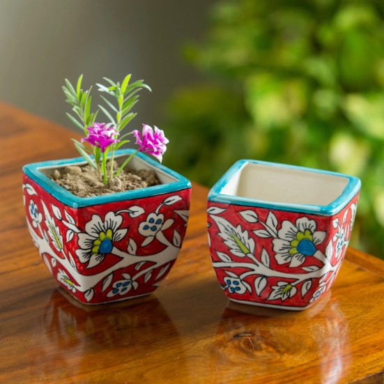 Mughal Roots Floral Handpainted Ceramic Planter Pots (Set of 2)