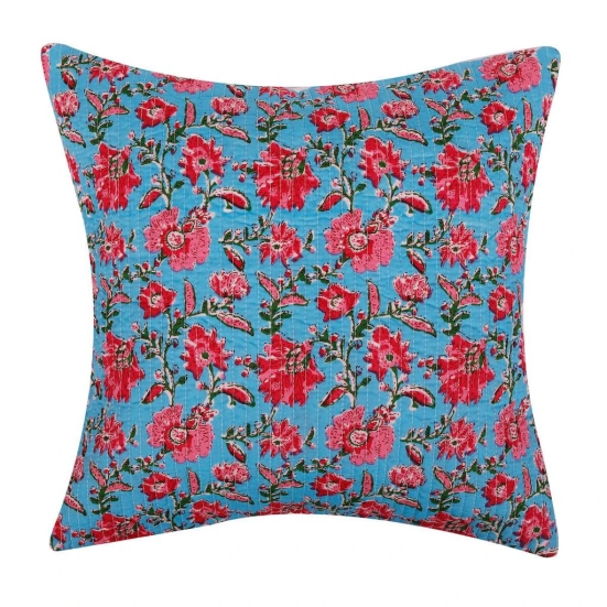 Jaipur Hand Block Print Pink Wild Flowers Quilted Blue Colour Cotton Cushion Cover - 16x16 Size