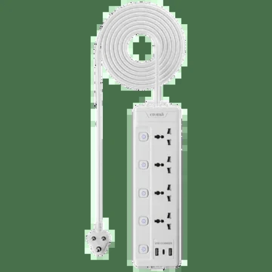 Croma 6 Amps 4 Sockets Surge Protector (2 Meters, Child Safety Shutters,White)