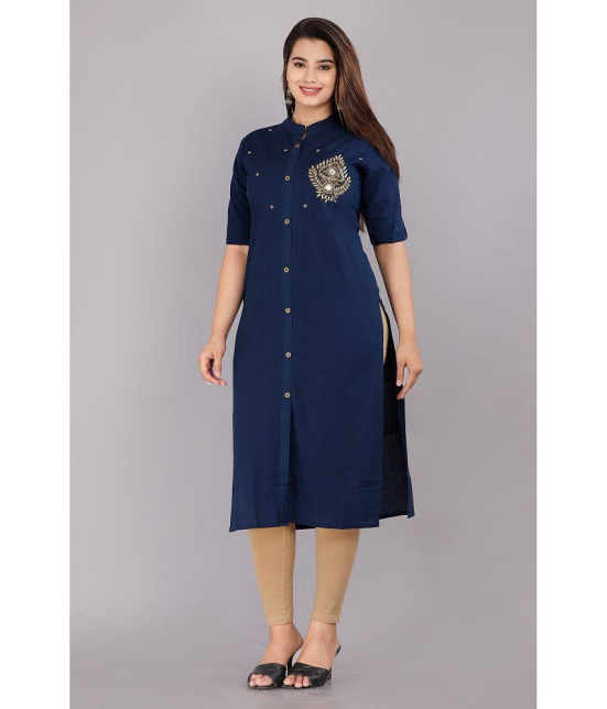 HIGHLIGHT FASHION EXPORT - Navy Cotton Blend Women''s Front Slit Kurti ( Pack of 1 ) - None