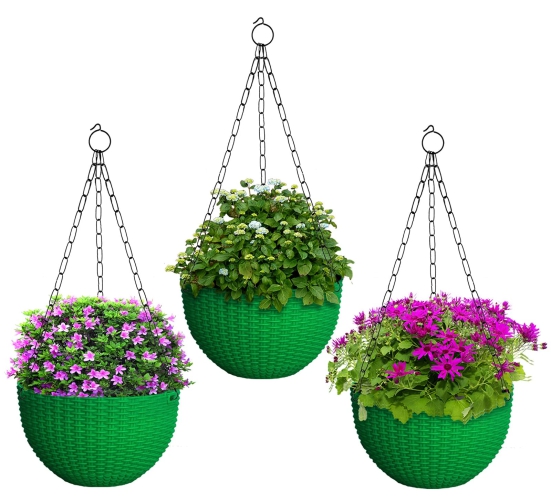 Kuber Industries Plastic Hanging Flower Pot for Balcony  Railing Set of 3 Green-18x18x59 cm-Kuber Industries Plastic Hanging Flower Pot for Balcony & Railing Set of 3 (Green)-18x18x59 cm