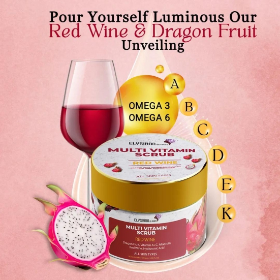 Multi Vitamin Scrub Dragon Fruit, Allantoin, Red Wine, Hyaluronic Acid, Enriched with Vitamin A+C.