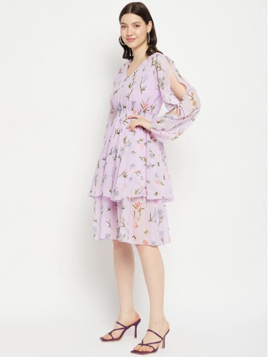 V Neck Floral Print Slit Sleeve Layered Georgette Fit & Flare Dress