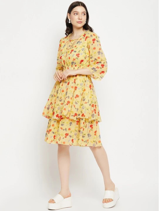 Floral Printed Tie-Up Neck Layered Fit & Flare Dress