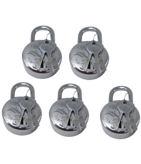 ONMAX Lock Round 63mm with 3 Key, Steel, 8 Levers Padlock for Door, Gate, Shutter, Home, Kitchen ( Silver Finish, Pack of 5 Pcs)