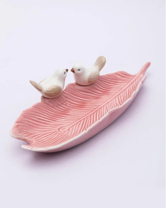 Jewellery Holder Tray, Crafted Bird, for Dressing Table, Ring Dash, Rectangular, Pink, Ceramic