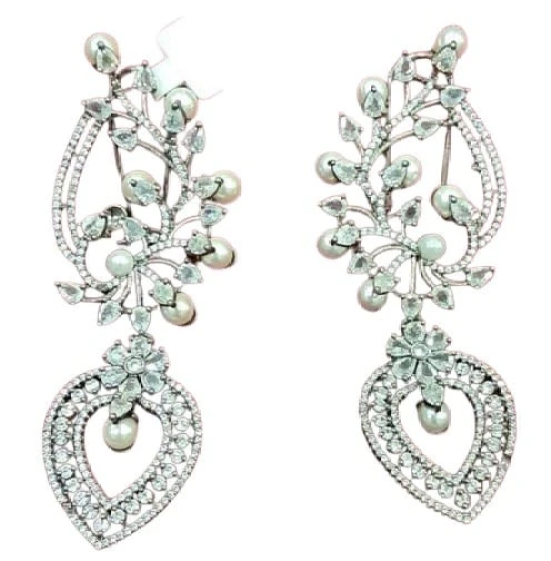 Stunning Cubic Zirconia and Pearl Floral Chandelier Earrings