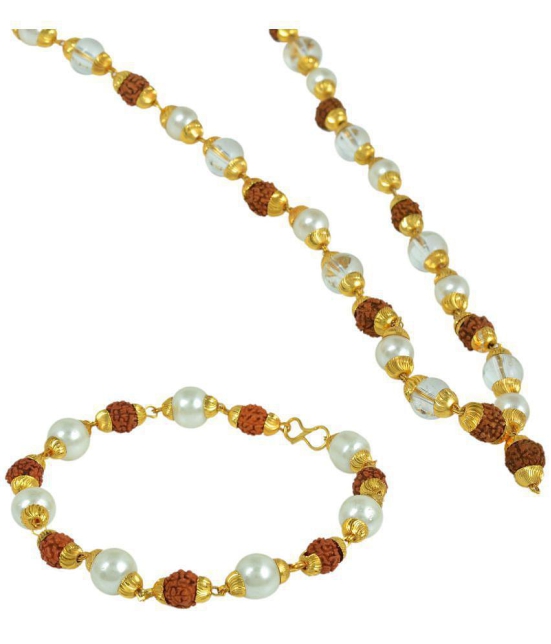 PAYSTORE Gold plated Combo of Original Panchmukhi Rudraksh, White crystal and Pearl necklace and matching Bracelet for Men - None