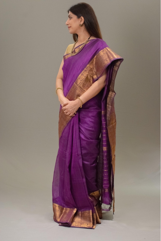 Aubergine Purple Pure Venkatgiri Silk Pattu with Golden Gadwal Border