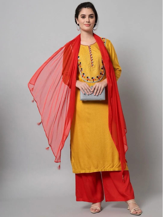 Charming Geometric Printed Mustard Rayon Embroidered Kurta Trouser Set With Dupatta for Women.-SMALL