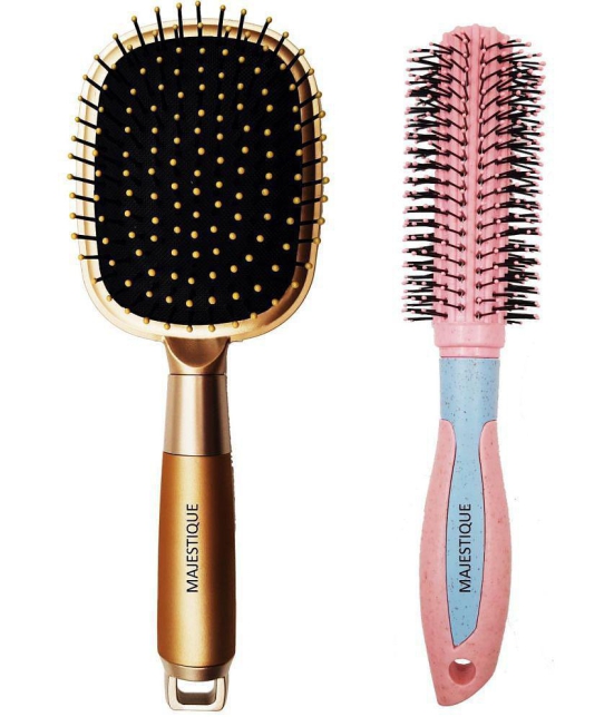 Majestique 2Pcs Round And Paddle Hair Brush For Long Thick Thin Curly Natural Hair Women And Men