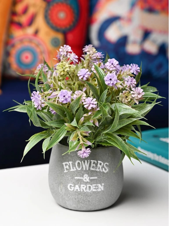 Lavender & Green Artificial Flower with Pot - Cylindrical Shape with Flowers & Garden Print