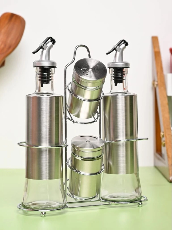 VON CASA Condiment Set Salt & Pepper with 2 Oil Dispenser Set with Stand - Stainless Steel Glossy Finish