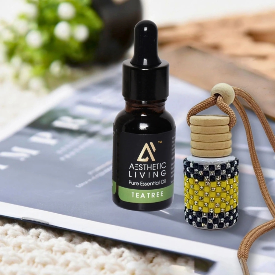 Aesthetic Living Car Aromatizer Diffuser Bottle with Essential Oil (Studded Bottle -12 ml) + Tea Tree Essential Oil, 15 ml)