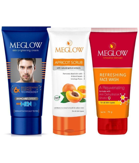 Meglow Mens Premium Fairness Cream 50 gm + Apricot Scrub 70 gm + Refreshing Face Wash 70 gm