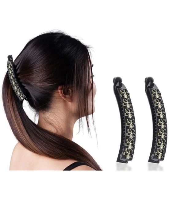 Lykaa Acrylic Plastic Banana Clip With Flowers, Korean Hair Claw For Women (Pack of 2) Black - Black