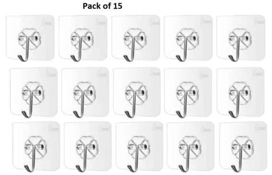 Self Adhesive Wall Hooks, Heavy Duty Sticky Hooks for Hanging 10kg (max), Waterproof Transparent Hooks for Wall (Pack of 15)