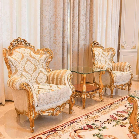 Wooden Twist Royal Hand Carved Teak Wood Set of 2 Single Seater Sofa with End Table-Golden