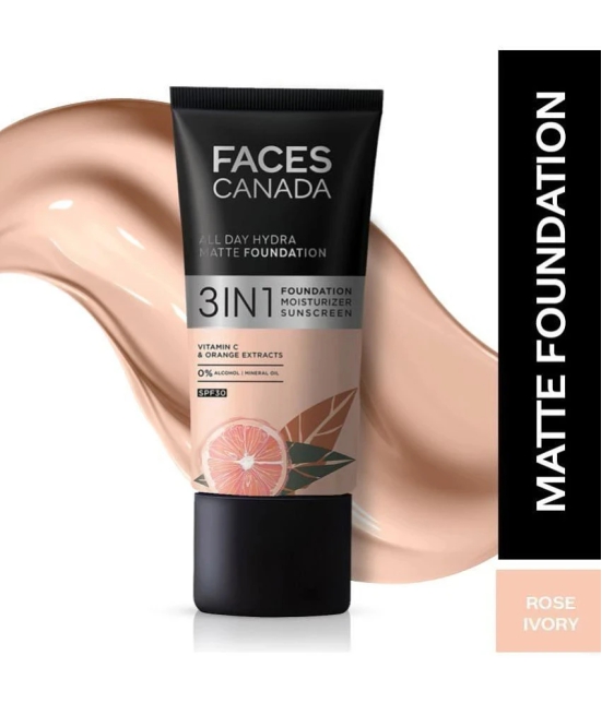 FACES CANADA Hydra Matte Foundation 3-in-1 Foundation + Moisturizer + SPF 30 | Rose Ivory 011 | 25ml