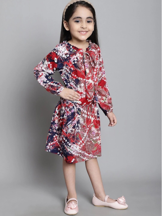 MINI & MING Girls Floral Print Tie-Up Neck Puff Sleeve Crepe Fit & Flare Dress