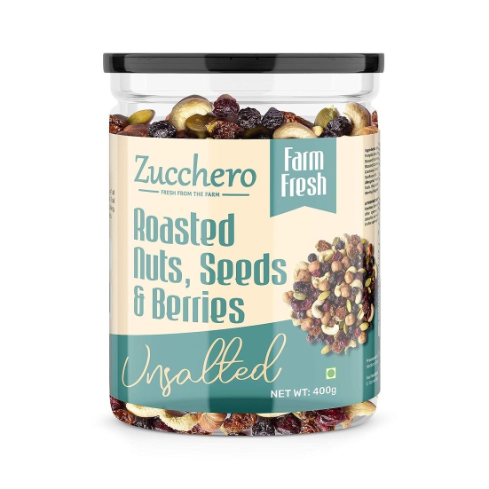 Zucchero Roasted Premium Nuts, Seeds & Berries, Unsalted, 400g (Mix of 14 Super Nuts, Seeds & Berries) | Oil-Free Roasting | No Salt | Slow baked Nuts & Seeds