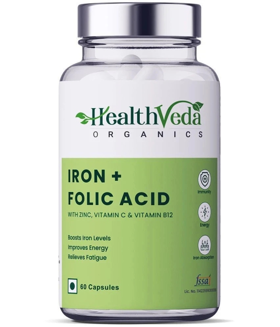 Health Veda Organics Iron+Folic Acid Supplements for blood building & Immunity, 60 Veg Capsules