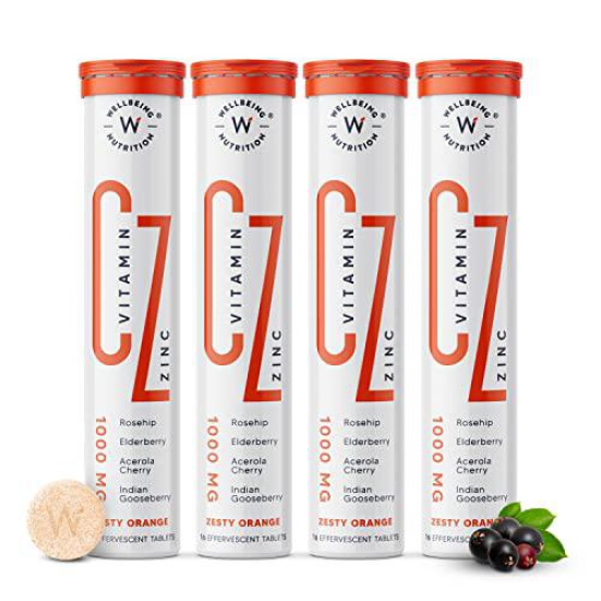 Wellbeing Nutrition Vitamin C + Zinc | Natural and Organic Immunity Booster | 100% RDA Vitamin C (64 Effervescent Tablets)