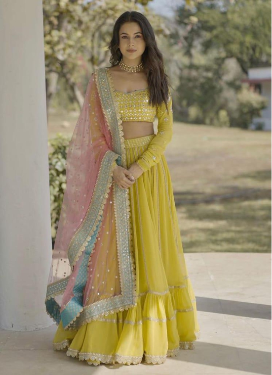 Haldi Function Ruffle Style Yellow Georgette Lehenga Choli