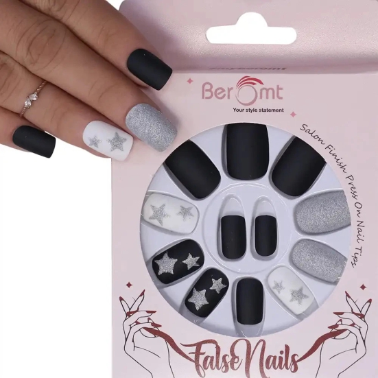 PRINTED GLITTER NAILS-(NAIL KIT INCLUDED)-Matte Black