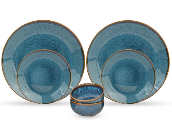 Handcrafted Stoneware Reactive Glaze Ceramic Dinner Set, 6 Pieces Serving for 2, Microwave and Dishwasher Safe, Bone-ash Free, Crockery Set for Dining and Gifting, Greenish Blue