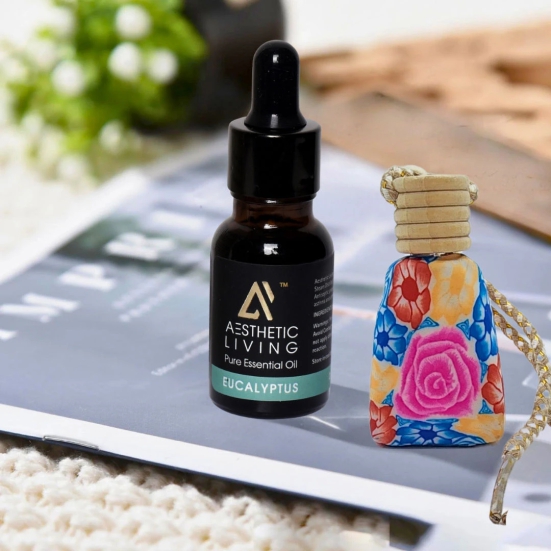 Aesthetic Living Car Aromatizer/ Diffuser Bottle with Essential Oil (Vase Shape-15 ml+ Eucalyptus Essential Oil, 15 ml)