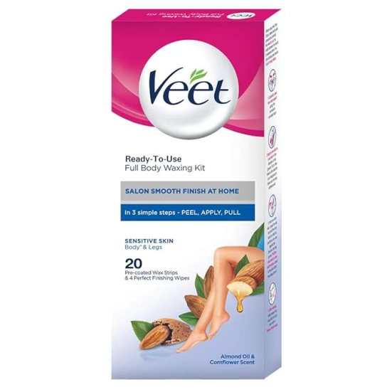 Veet Full Body Waxing Strips Kit For Sensitive Skin (20 Strips) | Cold Gel Wax Hair Removal for Women | Upto 28 Days of Smoothness | No Wax Heater or Wax Beans Required