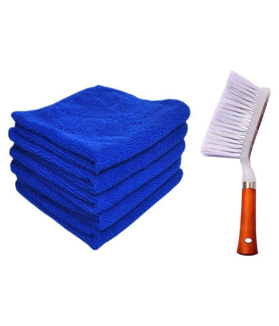 INGENS Combo of Car and Carpet Cleaning Brush and Microfiber Cleaning Cloths,40x40cms 250GSM Highly Absorbent, Lint and Streak Free,Wash Cloth for Car, Window Blue(Pack of 5 Cloth and 1 Brus