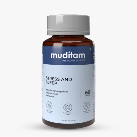 Muditam Ayurveda Stress and Sleep With Muscle Recovery & Nerve Relaxation | Helps You Sleep Soundly and Relieve Sore Muscles, Wake Up Fresh & Energetic | For Men & Women | 60 Tablets